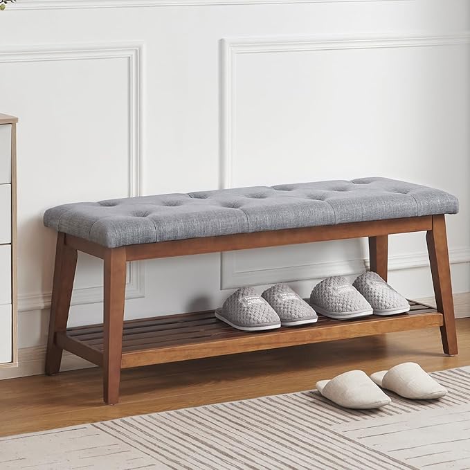 Upholstered Bench for Bedroom End of Bed,42.5-inch Entryway Bench for Living Room,Dining Bench with Padded Seat and Solid Wood Leg for Kitchen Bedroom,Indoor and Hallway (Shoe Bench, Grey)