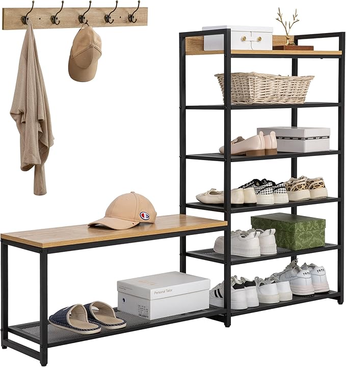 6-Tier Coat Rack Shoe Bench Set, Entryway Bench with 6 Hooks Coat Rack, Hall Tree and Shoe Storage for Entryway, Hallway, Garage, Bedroom (Vintage Oak)