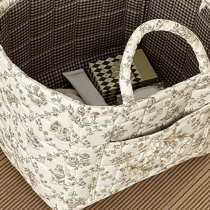 Floral Fabric Storage Basket Car Interior Storage Basket Underwear Sundries Laundry Baskets Supplies Home Organizer Bag (Coffee 1)