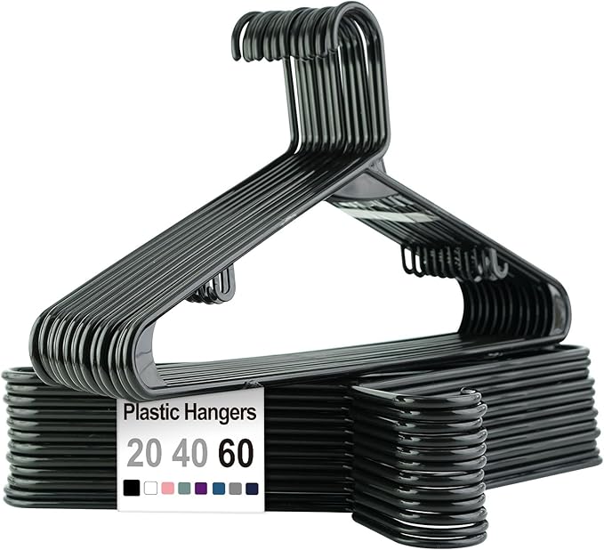 Plastic Hangers Without Notches 40 Pack - Space Saving, Sturdy with Built-in 2 Hooks for Closet Organization