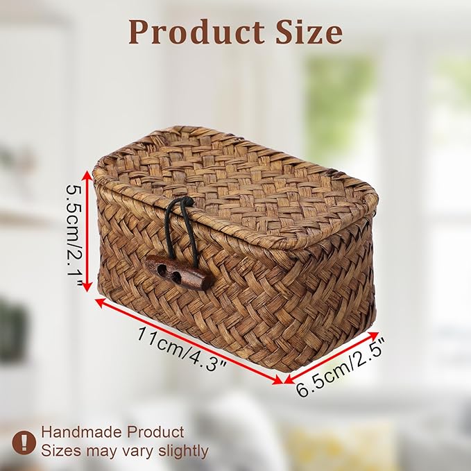 Seagrass Basket Bin with Lid Mini Size Handwoven Wicker Storage Container Storage Basket Decorative Desktop Organizer for Shelf Bathroom Home Decor, 4.3"x2.5"x2.1"