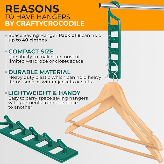 CraftyCrocodile Space Saving Hangers for Clothes - 8 in Pack, Heavy Duty Plastic, Multi Closet Space Savers for Shirts, Pants, Jeans, Sweaters - Hanger Organizer Space Saver