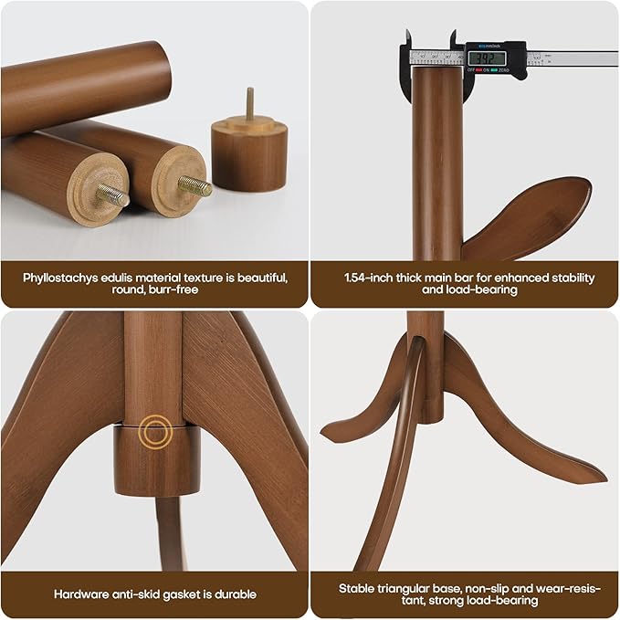 Wood Coat Rack Freestanding Coat Tree Rack with 8 Leaf Hooks, 3-Size Height Adjustable for Adults and Younger, Clothes Hanger Stand for Jacket, Hat, Entryway, Hallway, Corner, Bedroom (Vintage Brown)