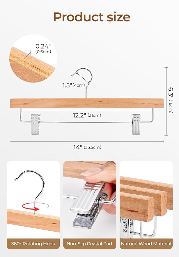 SMARTOR Natural Wooden Pants Hangers 20 Pack, Heavy Duty Skirt Hanger with 2-Adjustable Clips, Space Saving Shorts Hanger with 360°Swivel Hook, Essential College Dorm Hangers for Jeans, Trousers