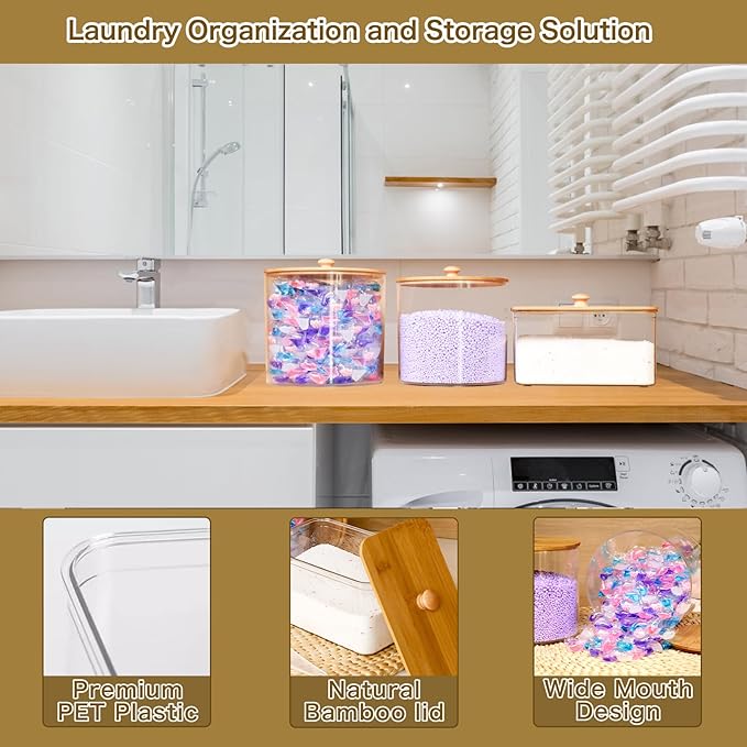 Laundry Detergent Dispenser, 3 Pack Clear Laundry Pods Container, Laundry Room Organization Storage Containers for Laundry Detergent, Powder, Pods, Scent Booster Beads, 2 Spoons