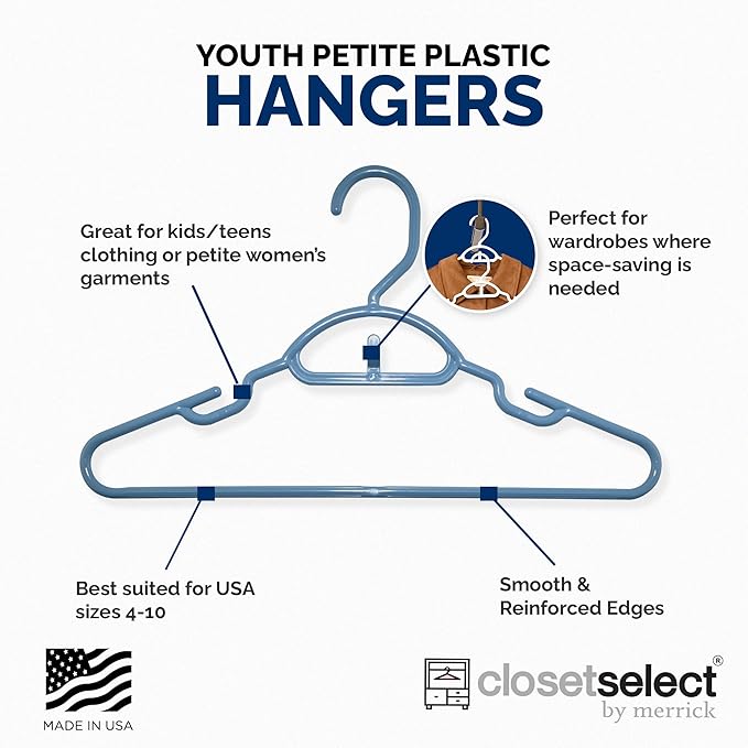 Youth Hangers 30 Pack - 13 Inch Plastic Youth Petite & Childrens Hangers for Closet, Baby Hangers for Children Clothes Sizes 4 to 10, Non-Slip Infant Hangers with Shoulder Grooves | Blue