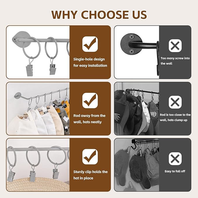 Hat Rack Wall Cap Organizer - Baseball Hat Racks Display Holder with 40 Hooks - Modern Metal Black Hats Storage Wall Mounted Caps Hanger Set of 4 for Closet Door Bedroom Entryway Laundry(Grey)