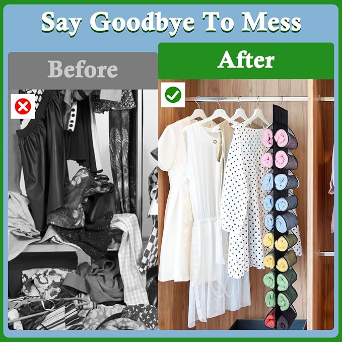 2 Pack Legging Storage Organizer, Hanging Legging Storage Hanger with 20 Roll Compartments, Foldable Clothes Roll Holder for Yoga T-Shirts Pants Jeans Towels