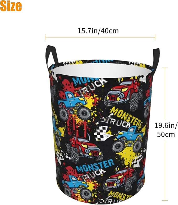 Laundry Basket Monster Truck Room Decor,Round Laundry Hamper Waterproof Dirty Clothes Hamper Collapsible Laundry Baskets With Handles,Toy/Clothes Storage Basket For Home Dorm Bathroom Decor