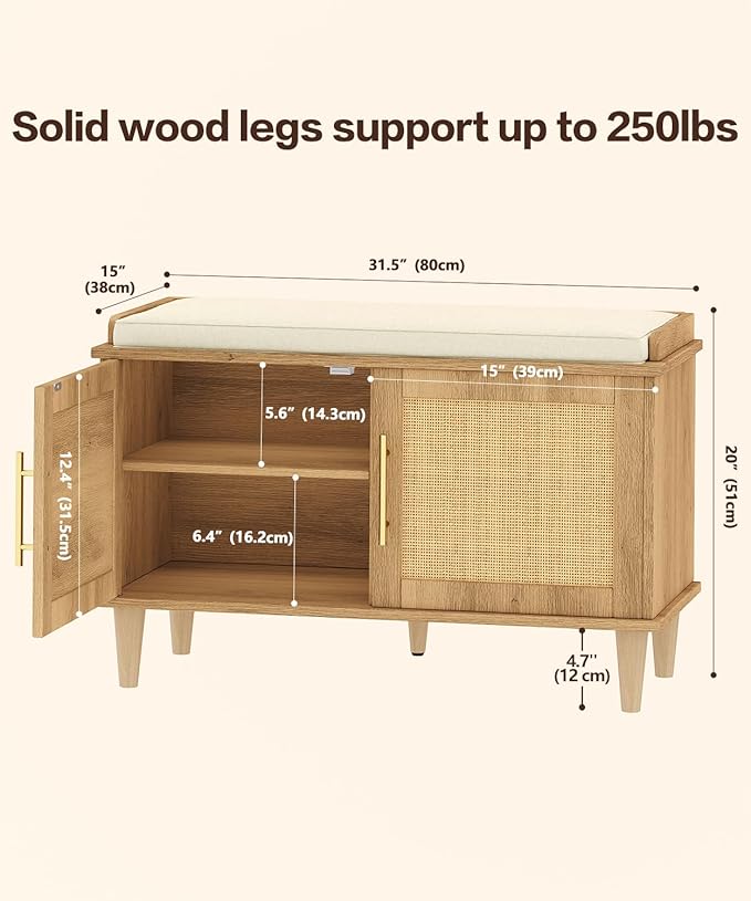 Rattan Shoe Storage Bench with Cushion, 2-Tier Entryway Bench with Adjustable Shelves and 2 Doors, 15" D x 31.5" W x 20" H, Solid Wood Legs, for Hallway, Living Room, Bedroom, Natural Oak