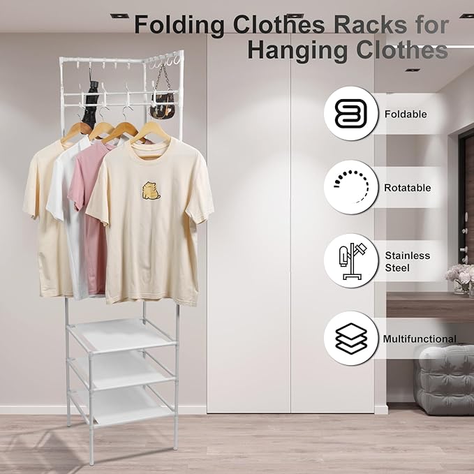 Corner Hall Tree, Freestanding Coat Rack with 3 Tier Shoes Rack Storage and 10 Movable Hooks, Corner Storage Organizer, Metal Entryway Coat Rack, Waterproof Corner Organizer Coat Rack for Home (White)