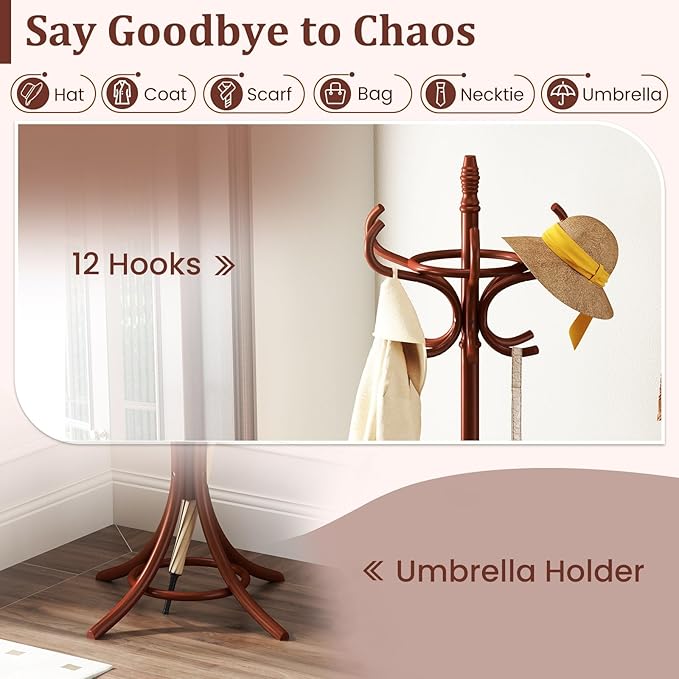 GOFLAME 73" Coat Rack Freestanding, Wooden Coat Tree with 12 Hooks and Umbrella Stand, Entryway Hall Tree, Hat Hanger Organizer, Coat Rack Stand for Coats, Hats, Scarves, Easy Assembly, Reddish Brown