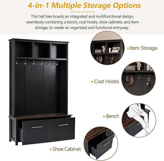 Modern Hall Tree with 6 Golden Hooks, Wood Entryway Coat Hanger with Brown Wood Grain Storage Bench and Top Open Storage Shelves, Versatile 4-in-1 Entryway Coat Rack for Entrance Hallway (Black-9.8)