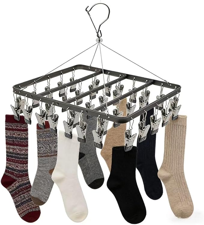 Clothes Drying Racks Clip Hangers Metal with 36 Clips Windproof Hook Underwear Hanger Foldable Laundry Clip for Socks Bras Black