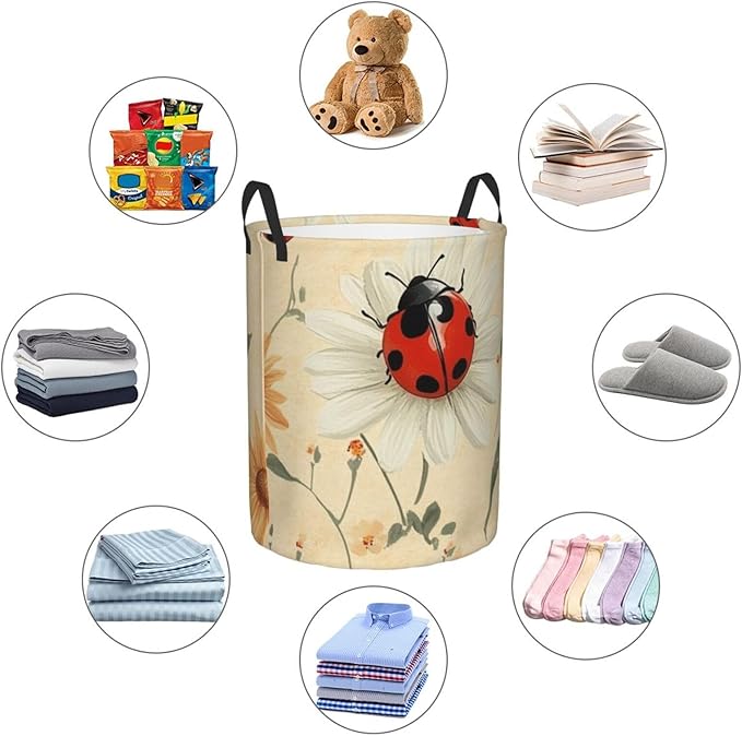 Ladybug And Flower Print Laundry Basket For Storage Bins Gift Baskets Bedroom Clothes Hamper