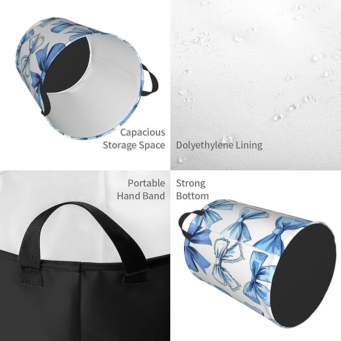 Cute Blue Bow Print Laundry Basket For Storage Bins Gift Baskets Bedroom Clothes Hamper