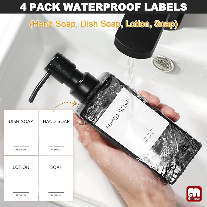 GMISUN Black Glass Soap Dispenser, Hand Soap Dispenser with Stainless Steel Pump for Bathroom, 12 fl oz/350ml Refillable Dish Dispensers for Kitchen, Modern Liquid Lotion Bottles for Countertop