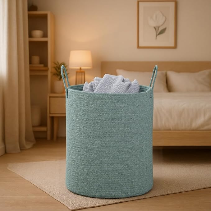 Woven Basket Nursery Laundry Hamper with Handles, Clothes Storage Organizer, Woven Basket for Boy Room Decor, Toy & Blanket Storage Bin, 15x15x18 Inch,Green,1pc