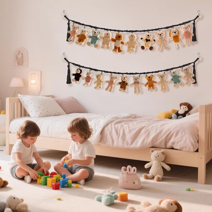 80" 2-Pack Cotton Hanging Storage Chain For Stuffed Animals Storage with 20 Metal Clips, Stuffed Animal Organizer Chain for Wall Corner Nursery Play Room, Black
