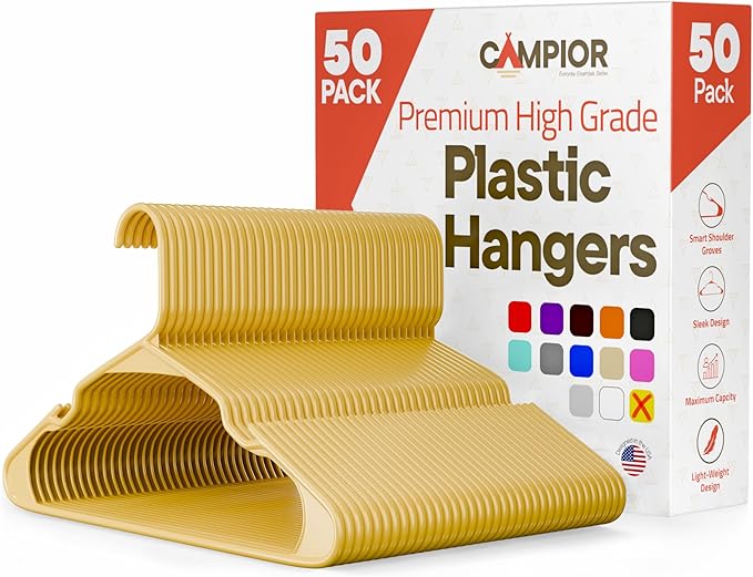 Plastic Clothes Hangers – Heavy Duty Hanger Set, for Organizing Clothes, Dresses, and Coat, Holds Up to 5 lbs, Space-Saving Hangers with Non-Slip Shoulder Grooves, Pack of 50, Yellow