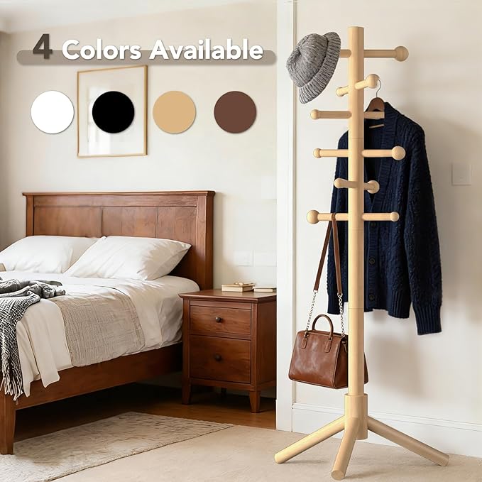 Wooden Coat Rack Freestanding with 12 Hooks 3 Adjustable Heights，Standing Coat Rack Tree for Hat and Coat Rack for Small Spaces Entryway,Office,Bedroom,Natural