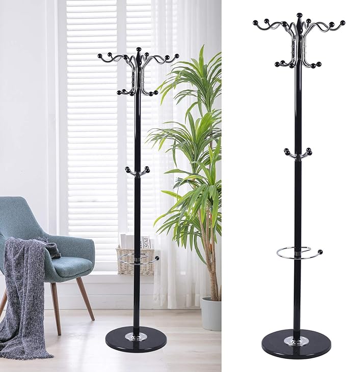 67" Metal Coat Rack Stand with Natural Marble Base, Free Standing Hall Tree with 16 Hooks for Hanging Scarf, Bag, Jacket, Home Entry-way Hat Hanger Organizer (Black)