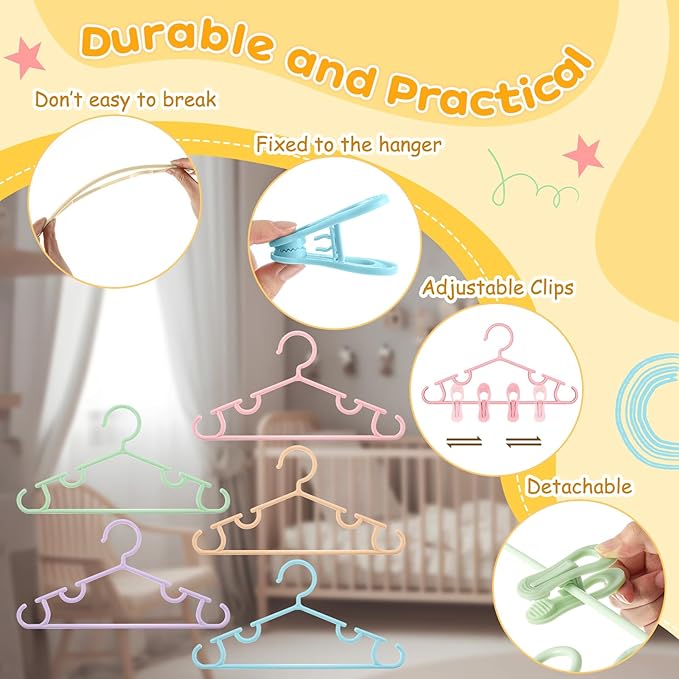 Hsei 5/10/40 Pack Baby Hangers with 10/20/80 Clips, Plastic Kids Pants Hangers for Nursery Closet Top and Bottom Clothes Hanger Set for Newborn Infant Toddler(15 Packs Total,Macaron Color,10.6 Inch)