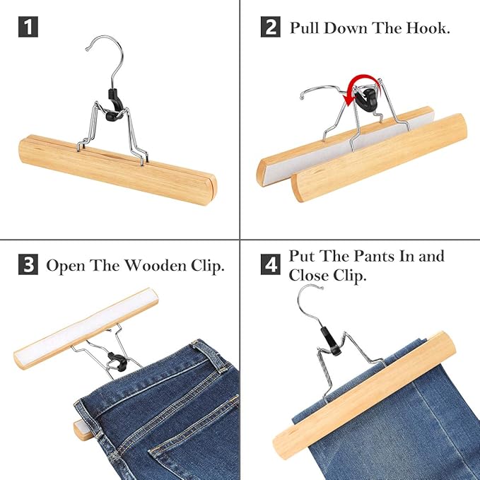 AMKUFO 20 Pack Natural Wooden Pants Hangers with Clips Non Slip Skirt Hangers Trouser Clamp Hanger Solid Wood Hanger with 360° Swivel Hook