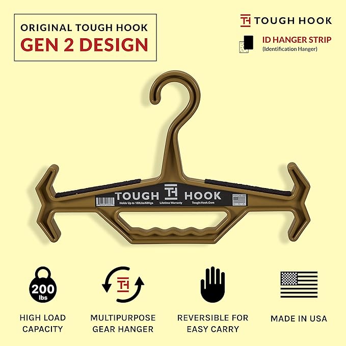 Original Tough Hook ID MAX Heavy Duty Identification Hanger, USA Made 200lb Capacity -Police Tactical Gear,Scuba BCD, Wetsuit & Body Armor Organizer with Anti-Slip Design with 3 ID Strips,1 Pack Tan