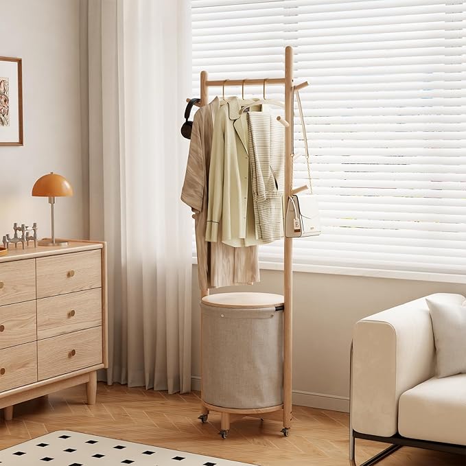 Solid Wood Coat Rack with Fabric Basket - Coat Hanger Stand Coat Tree Rack Freestanding with 9 Hooks Wheels, Small Clothes Rack For Entryway Bedroom Hallway Living Room