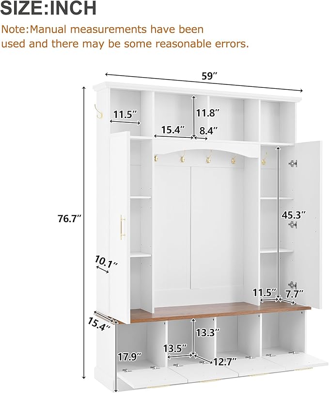 Versatile Hall Tree with Golden Hooks and 2 Doors, 5-in-1 Wood Coat Rack Entryway Shoe Cabinet with Bench& Adjustable Shelves, Functional 59'' Wide Hall Tree for Entrance Hallway (White-8.2)