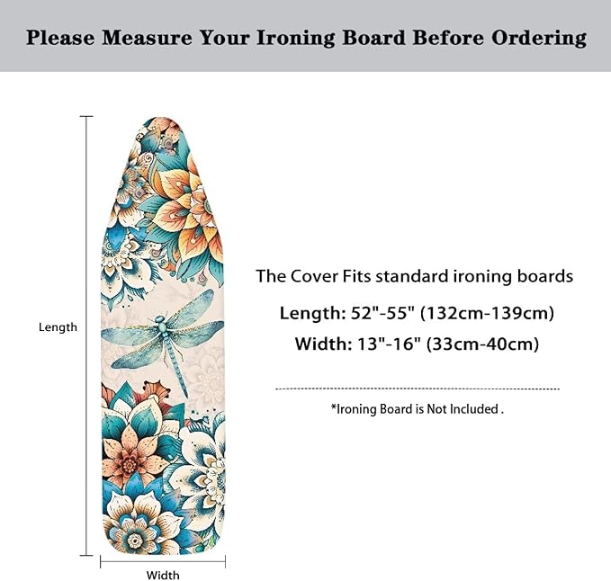 Boho Floral Dragonfly Ironing Board Cover 15x54 Inches,Standard Size Ironing Board Cover,Heat Reflective,3-Layer Thick Pad,Hook and Loop Fastener