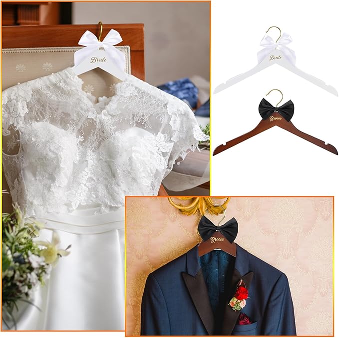 3 Pcs Bride and Groom Hangers for Dress Suit with Clips Wedding Wooden Hanger with Bow Tie for Mr and Mrs Shirt Tuxedo Suit Bridal Wedding Gift Bridesmaid Party Shower