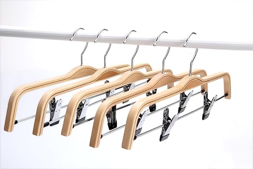 Light Bamboo Hangers, Sturdy Wood Pants Hangers, Wooden Clothes Hangers with Polished Hooks and Clips, 5-Pack