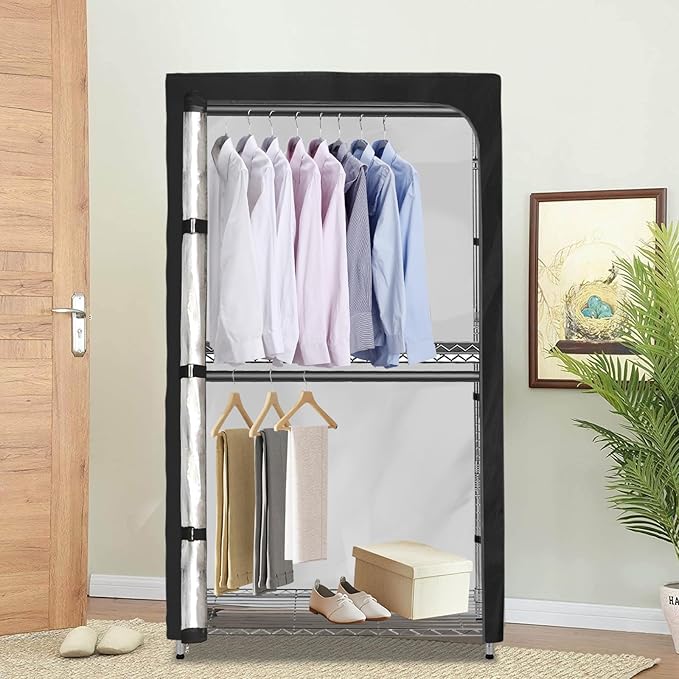 Garment Rack Cover,Shelf Covers for Wire Shelving,600D Heavy Duty Waterproof Clothing Rack Cover,Clothes Rack Cover with Zipper for Metal Garment Rack(Clear Front,Black 36"W x 16"D x 72"H,Cover Only)
