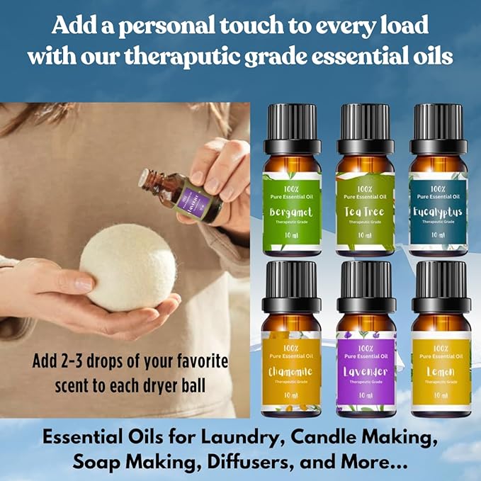 Essential Oils for Laundry, Diffusers, Dryer Balls, Candles, Soaps – 6 Most Popular 100% Pure Therapeutic Grade Aromatherapy Oils (6 XL Cat Dryer Balls & Essential Oil Set Bundle)