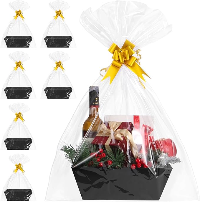 AFOROEOA 6PACK Black Baskets For Gifts Empty, 10x12”Thick Black Gift Basket with 6 Bows 6 Bags Empty Gift Baskets for Christmas Thanksgiving Wedding Birthday Party Wrapping Gift