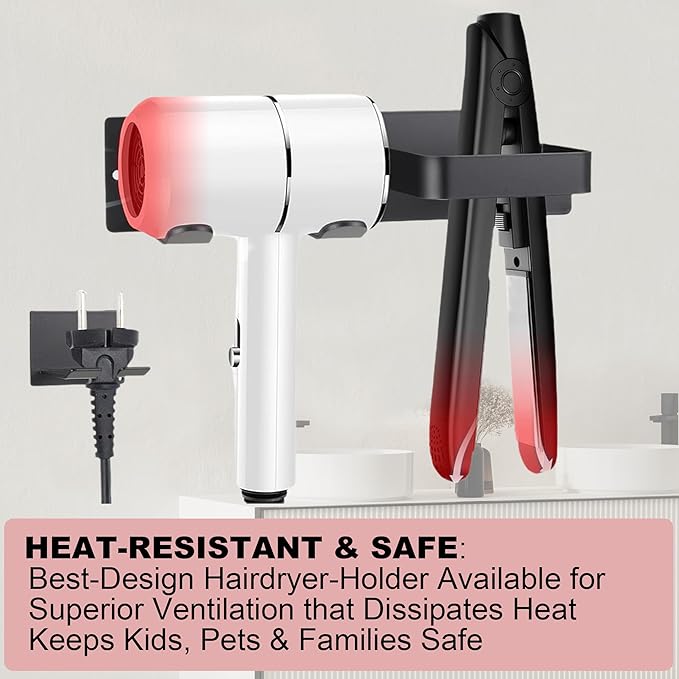 Hair Dryer Holder, Hairdryer Station Accessories Wall Mounted, Straightener Holder, Bathroom Hair Styling Care Tool Organizer, Multi-Functional Space Storage Bracket