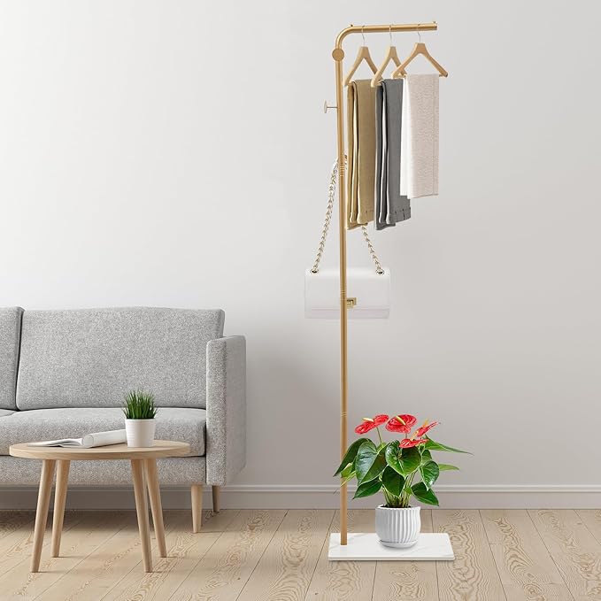 67in-Gold Clothing Rack with Storage Base and Hooks, Freestanding Coat Rack Hanging Clothes, Bags, Hat and Shoes for Entryway Bedroom Garment Organizer Clothing Stores Boutique Retail