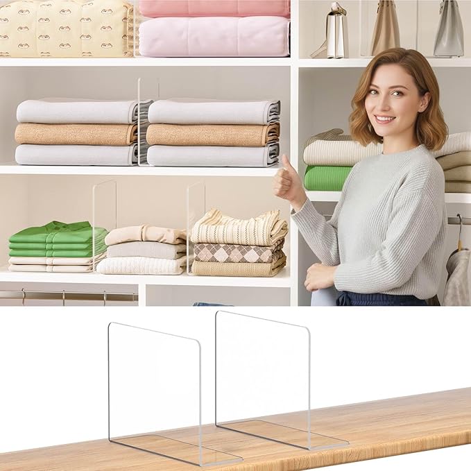 Shelf Dividers for Closet Organization - 12 Pack 10" Tall X 8.4" Deep Acrylic Adhesive Separators, 30s Tool-Free Install, Clear Vertical Closet Dividers for Clothes, Handbags & Towels