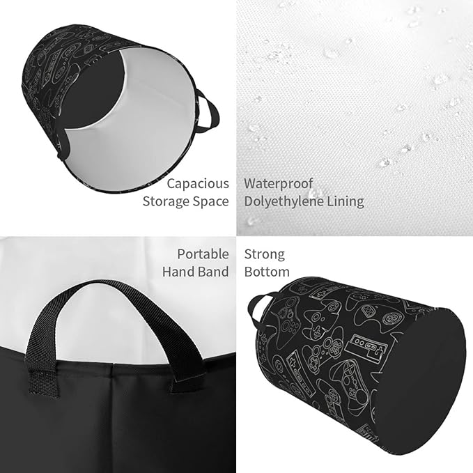 Video Game Controller Background Round Laundry Hamper Gaming Gadget Storage Basket Toys Clothes Organizer Bin For Home Bathroom Bedroom Dorm Nursery, 62l