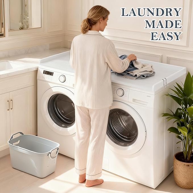 HDPE Washer Dryer Countertop, 54" x 27" Laundry Countertop with 2 Hooks & Non-Slip Pads, Washer and Dryer Topper for Laundry Room Organization, No-Installation (White)