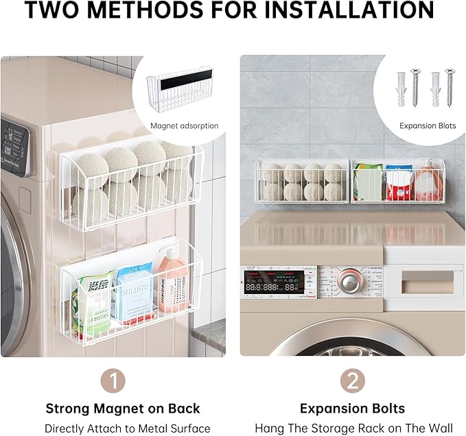 Magnetic Wool Dryer Ball Holder, Magnetic Basket for Laundry Detergent, Magnetic Shelves for Side of Washer Dryer Refrigerator, Laundry Room Organization and Storage (White, L14.96'', W4.41'', H7.2'')