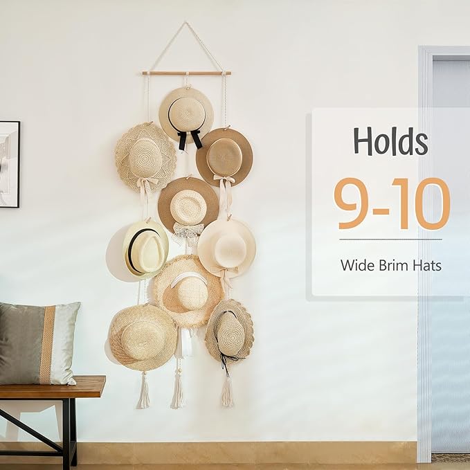 Mkono Hat Rack Hat Hangers for Wall Boho Caps Storage Display Organizer with Decorative Tassels Modern Cowboy Womens Hat Display Holder for Wide Brim Fedora Bowler Baseball Caps, Medium
