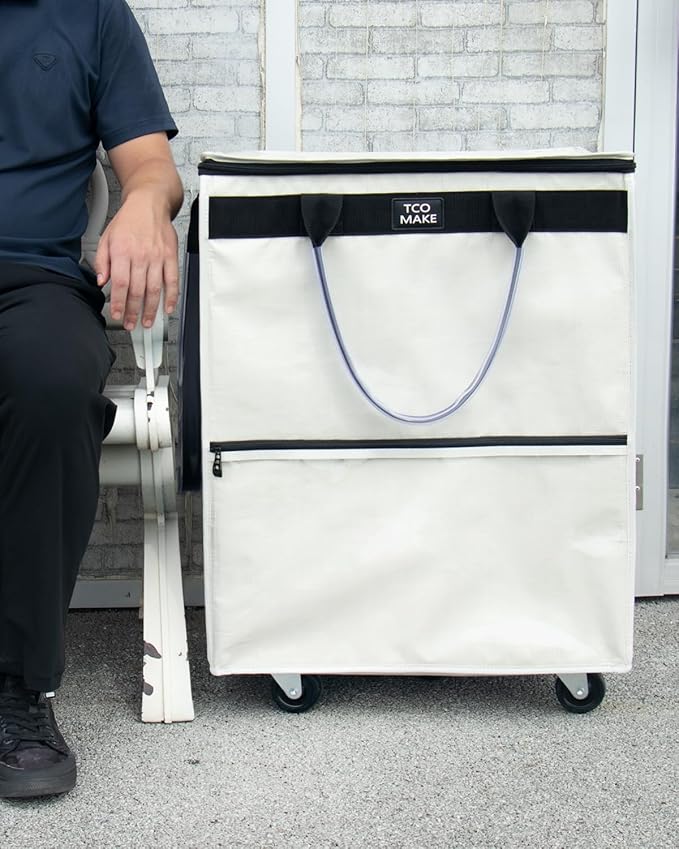 (Large, Beige) Reusable Grocery Bag on Wheels, Shopping Bags with Wheels and Handle, Folding Rolling Tote, Zipper Cover, Carries Up to 76 LBS, for Laundry, Picnic