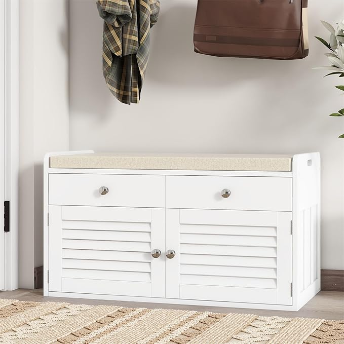Shoe Storage Bench with Cushion, Shoe Bench, Padded Seat, 2 Drawer Storage, Entryway, Hold up to 300lbs, 15.8 x 32.29 x 18.1 Inches, White