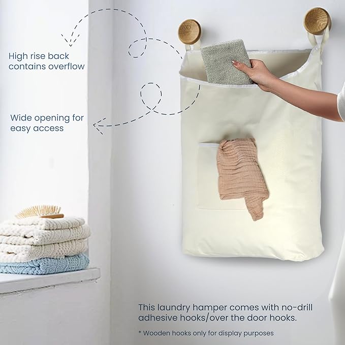 The Fine Living Co. Hanging Laundry Hamper with Over Door Hooks & Adhesive, Durable Space Saving Laundry Bag with Zipper and Wide Open Top, Hanging Dorm Laundry Hamper 18"x4.75"x28" (Beige-L)