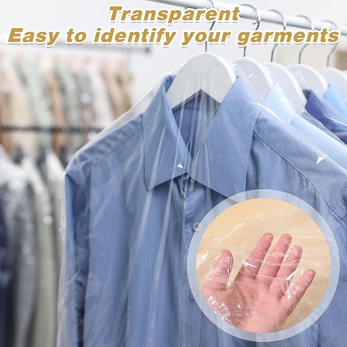 100 Pack Clear Plastic Garment Bags for Hanging Clothes, Dry Cleaning Bags 60 * 120cm Dust Proof Clear Cloth Covers Dry Cleaner Bag Dust Proof for Hanging Clothes at Home/Dry Cleaners