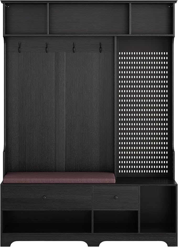 All-in-One Design Hall Tree with Removable Linen Cushioned, Entryway Bench, Coat Rack, Storage Shelves, DIY Pegboard, 4 Hooks, Multi-Purpose Hall Tree for Hallways Living Room