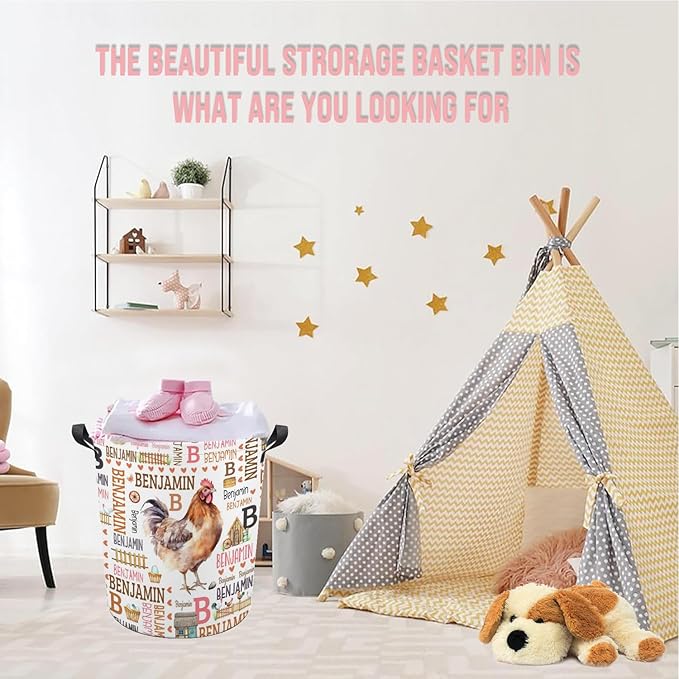 Chicken Laundry Basket,Custom Laundry Hamper with Name,Personalized Chicken Gifts for Boys Girls,Customize Collapsible Laundry Basket for Bedroom Bathroom,M-19.5"X 15.7"Chicken